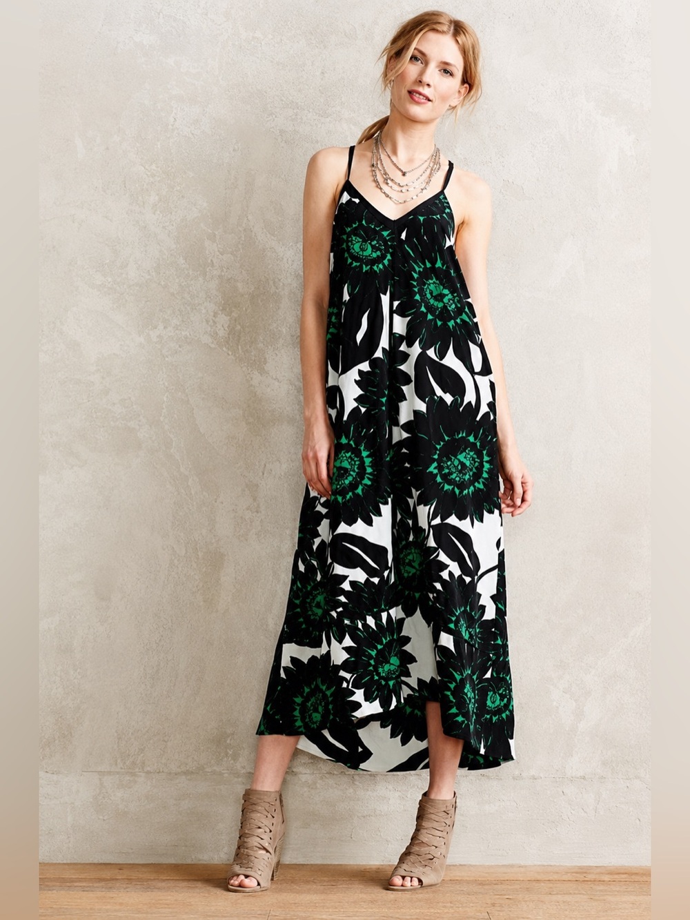 Whit Two Anthropologie Taiyo Green Black Floral Maxi Dress 6P